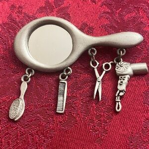 Vintage JJ Handheld Mirror with Charms Pewter Tone Alloy Broach